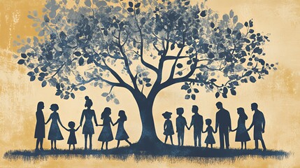 A diverse group of people holding hands under a large tree silhouette.