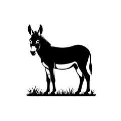 silhouette of a donkey , A black and white silhouette of a donkey standing in some grass art on transparent background , ai , eps , jpg , png