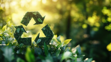 A digital eco-ad with a green recycling symbol made of real leaves, blur background digital, eco, green, recycle, recycling, nature, environment, sustainable, earth, clean, eco friendly, green tech, d