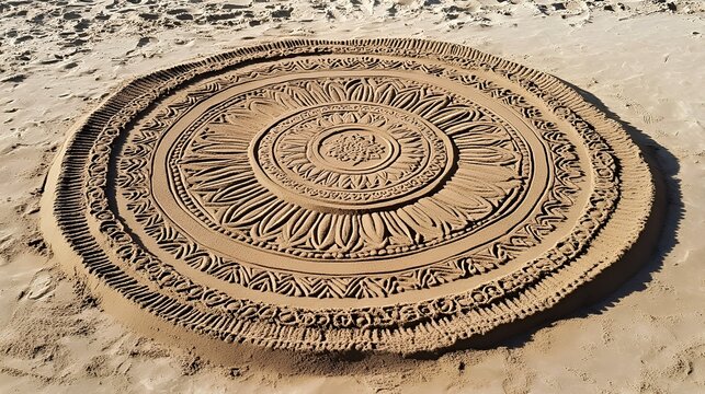Intricate sand mandala art displayed on a beach during daylight.