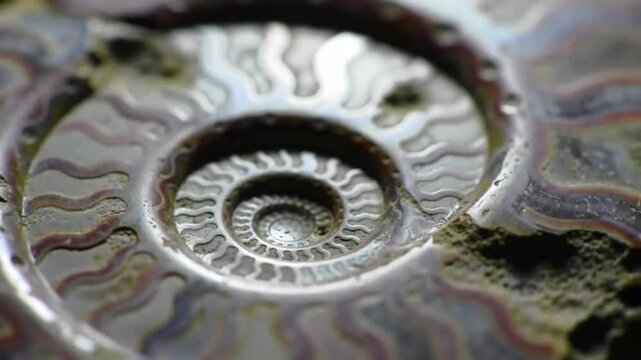 Detailed close-up of a spiral ammonite fossil