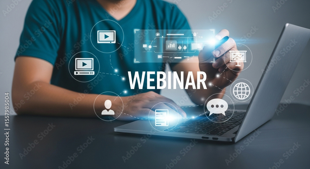 Poster Person using laptop for webinar with icons representing online communication and data analysis tools