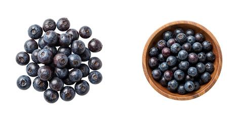 Açai berries on transparent background in wooden bowl and scattered  