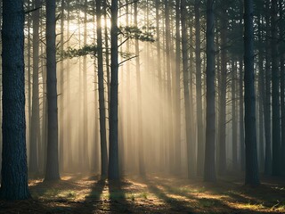 Sunlight streams through tall straight trees in a dense forest with a ground covered in shadows and sparse vegetation