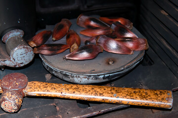 Araucaria pine nut roasted in a rustic way on a hot surface in the fire