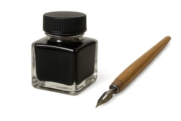 Vintage wooden dip pen resting beside black inkwell, symbolizing timeless writing instrument against transparent backdrop