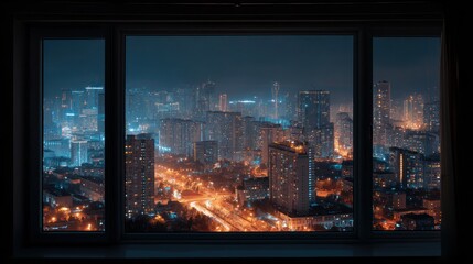 Night city skyline view through window with illuminated buildings