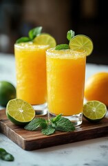 Two refreshing orange citrus drinks garnished with lime slices and fresh mint leaves on a wooden board, surrounded by halved fresh lime and blurred citrus background