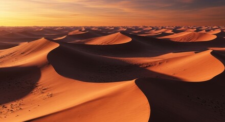 Golden Desert Sand Dunes Under a Fiery Sunset Sky