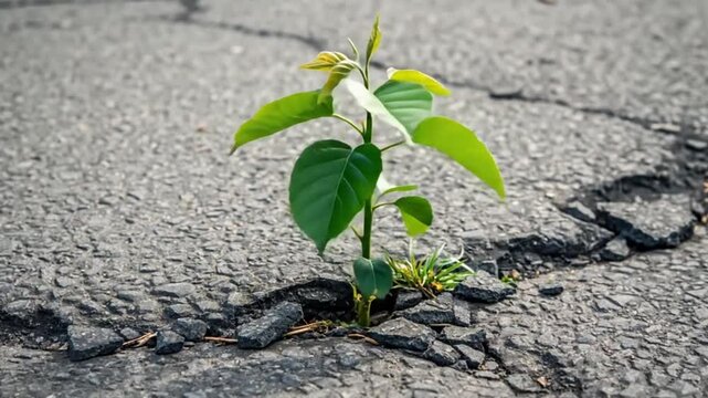 Small plant growing through cracked asphalt pavement on a sunny day showing resilience and nature reclaiming