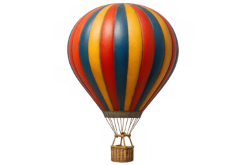 Multicolored hot air balloon with bold red, yellow, blue stripes, hovering weightlessly against clean white backdrop