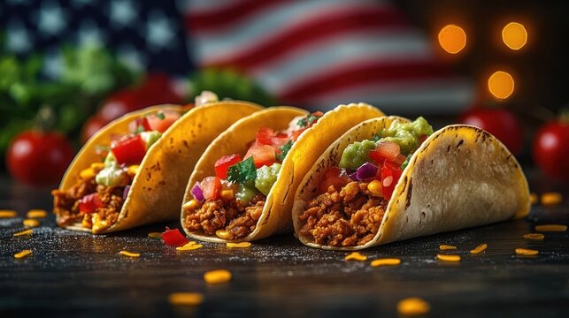 Three soft corn tortilla tacos filled with seasoned ground meat, diced tomatoes, guacamole, and fresh herbs on a rustic surface with a blurred flag and warm lights in background