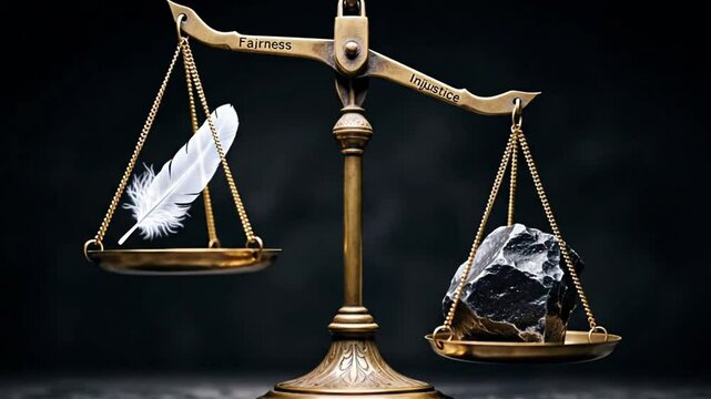 A scale balancing fairness with a white feather and injustice with a dark rock on a black background