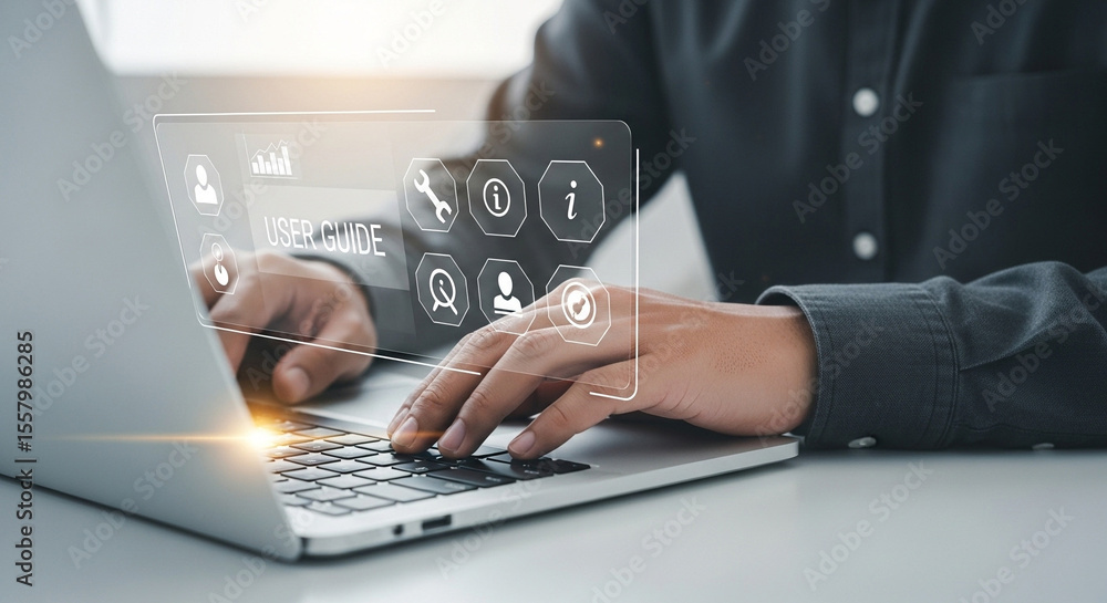 Poster Person typing on a laptop with a user guide interface overlayed on the screen in a modern office