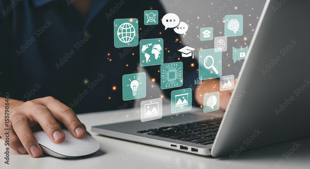 Aufkleber Person using laptop with floating digital icons representing various online activities and concepts