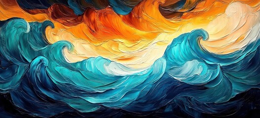 Abstract swirling waves in shades of blue and turquoise beneath a fiery orange and yellow sky with dynamic textured brushstrokes