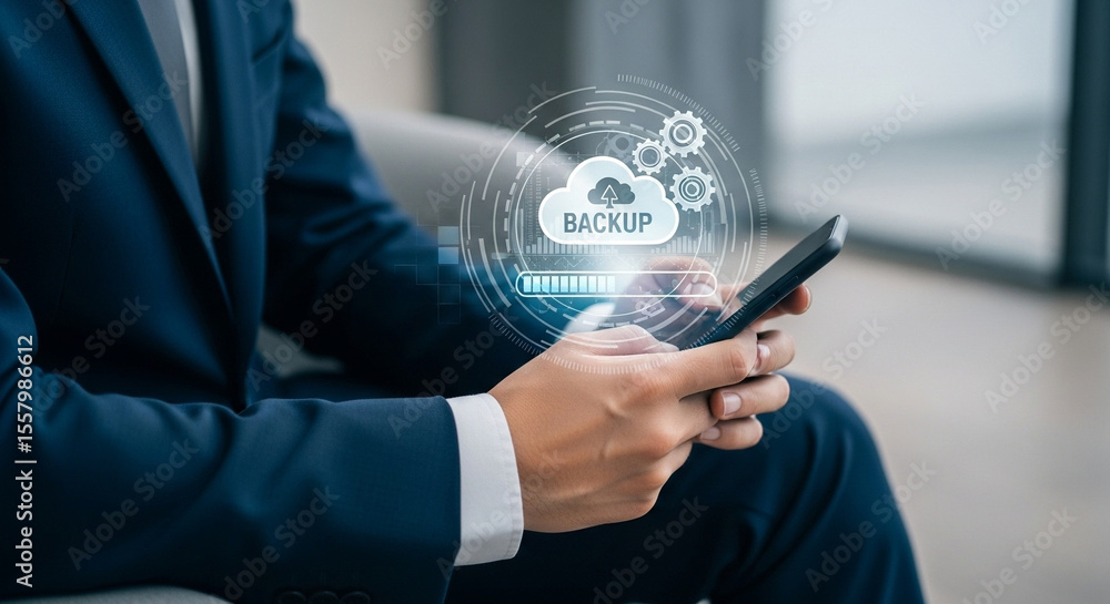 Poster A person in a suit using a smartphone with a backup cloud icon and loading bar overlayed on the screen