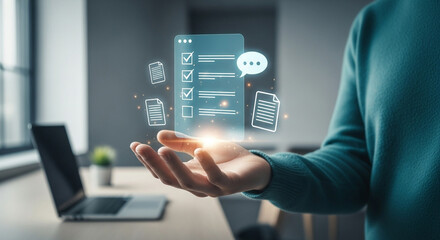 Person holding a digital checklist with document icons in a modern office environment setting scene
