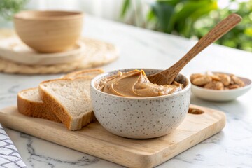 Creamy peanut butter in a speckled bowl next to sliced bread on a wooden board presents a delicious breakfast or snack