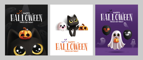Happy Halloween greeting clipart poster set. Halloween trick or treat text invitation card template clip art collection with cat, ghost and pumpkin character in white board element vector illustration