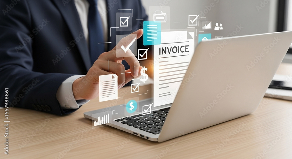 Poster A man in a suit interacting with an invoice on a laptop with digital checkmarks and icons around it