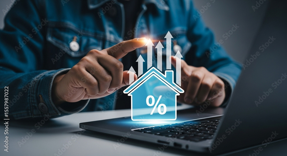 Poster person interacting with a laptop displaying a house icon with upward trending arrows above it