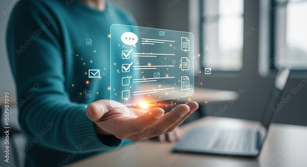 Poster person holding a translucent screen with checklist, documents, and message icons hovering above hand