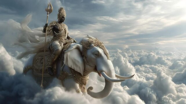 Majestic scene of Indra riding Airavata through ethereal clouds, embodying power and divinity. Inspired by Hindu mythology, showcasing grandeur and celestial beauty.