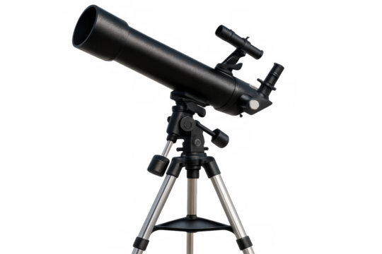 Black refracting telescope on a tripod, ready for astronomical observation, isolated on transparent background