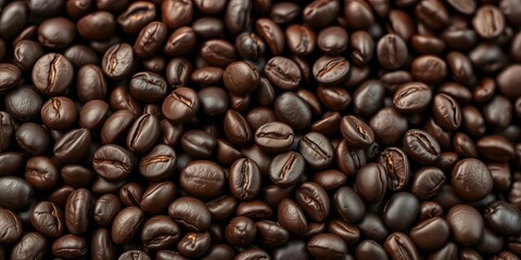 Fototapeta premium Close-up of dark roasted coffee beans, rich texture, espresso, dark roast