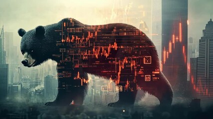 Giant bear looming over city skyline with stock market data and graphs projected on its body, symbolizing economic downturn and financial crisis - Powered by Adobe