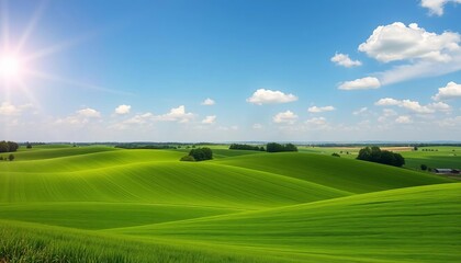 Fototapeta premium Rolling green hills of Wisconsin farmland under a summer sky, sun-drenched fields, daylight, meadow