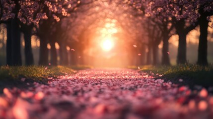 A dreamy pathway covered in cherry blossom petals leading towards a glowing sunrise, blurred trees in the background