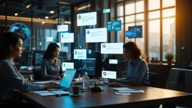 Dynamic team collaborating in modern office using data visualization and cloud computing - Powered by Adobe
