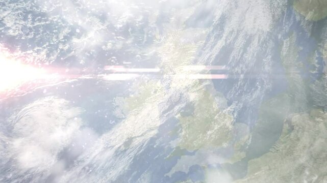 Earth zoom in from space and focus on Newtownards, Northern Ireland, Down, Great Britain. Background for travel intro or blog. Satellite view. 3D style Animation. Images from NASA.