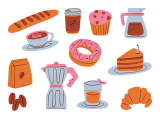 Flat Food And Coffee Icon Illustration. A charming set of flat style food and coffee illustrations including croissant donut espresso coffee maker cake muffin. Perfect for menus and cozy cafe graphics