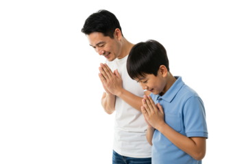 Father and Son Practicing Gratitude with Hands Together in Prayer Pose on transparent background