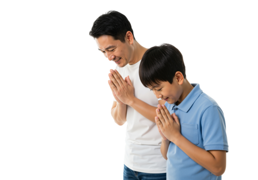 Father and Son Practicing Gratitude with Hands Together in Prayer Pose on transparent background