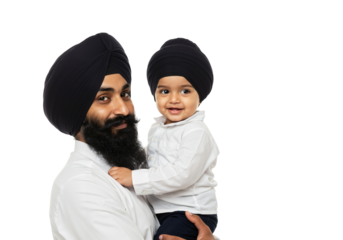 Happy Father and Baby Sikh Portrait with Traditional Turbans in transparent background