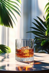 Glass of amber liquid with ice cubes on a reflective marble table surrounded by lush green tropical leaves with soft natural light