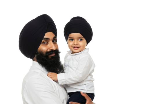Happy Father and Baby Sikh Portrait with Traditional Turbans in transparent background
