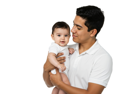 Father Holding Baby Smiling Together in Studio Portrait on transparent background