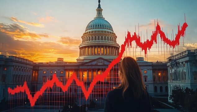 Person observing a rising red financial graph overlayed on a building with a large dome during sunset, symbolizing economic growth or political influence on markets