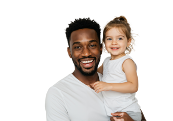 Smiling Black Father Holding White Daughter in Casual Attire, Celebrating Family Bonding Moments