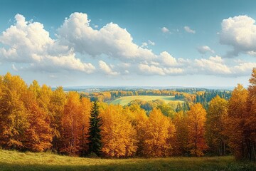 Fototapeta premium vibrant autumn forest with golden and orange foliage under a bright blue sky with fluffy clouds overlooking rolling hills and mixed evergreen trees
