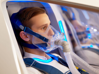 HBOT. Hyperbaric Oxygen Therapy. Oxygen. Person in hyperbaric capsule wearing a mask