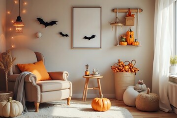Comfortable armchair and halloween decorations in modern baby room interior with copy space