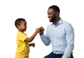Joyful Father-Son Bonding Moment, African American Male and Child Smiling Together in Playful Interaction