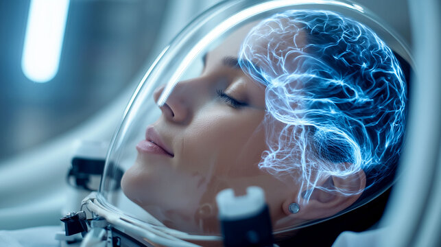 HBOT. Hyperbaric Oxygen Therapy. Oxygen. Patient with brain scan and oxygen therapy overlay