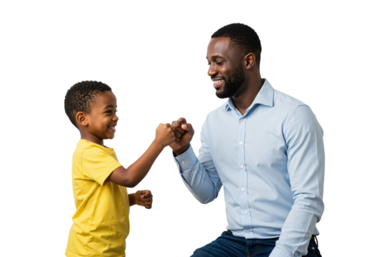 Joyful Father-Son Bonding Moment, African American Male and Child Smiling Together in Playful Interaction